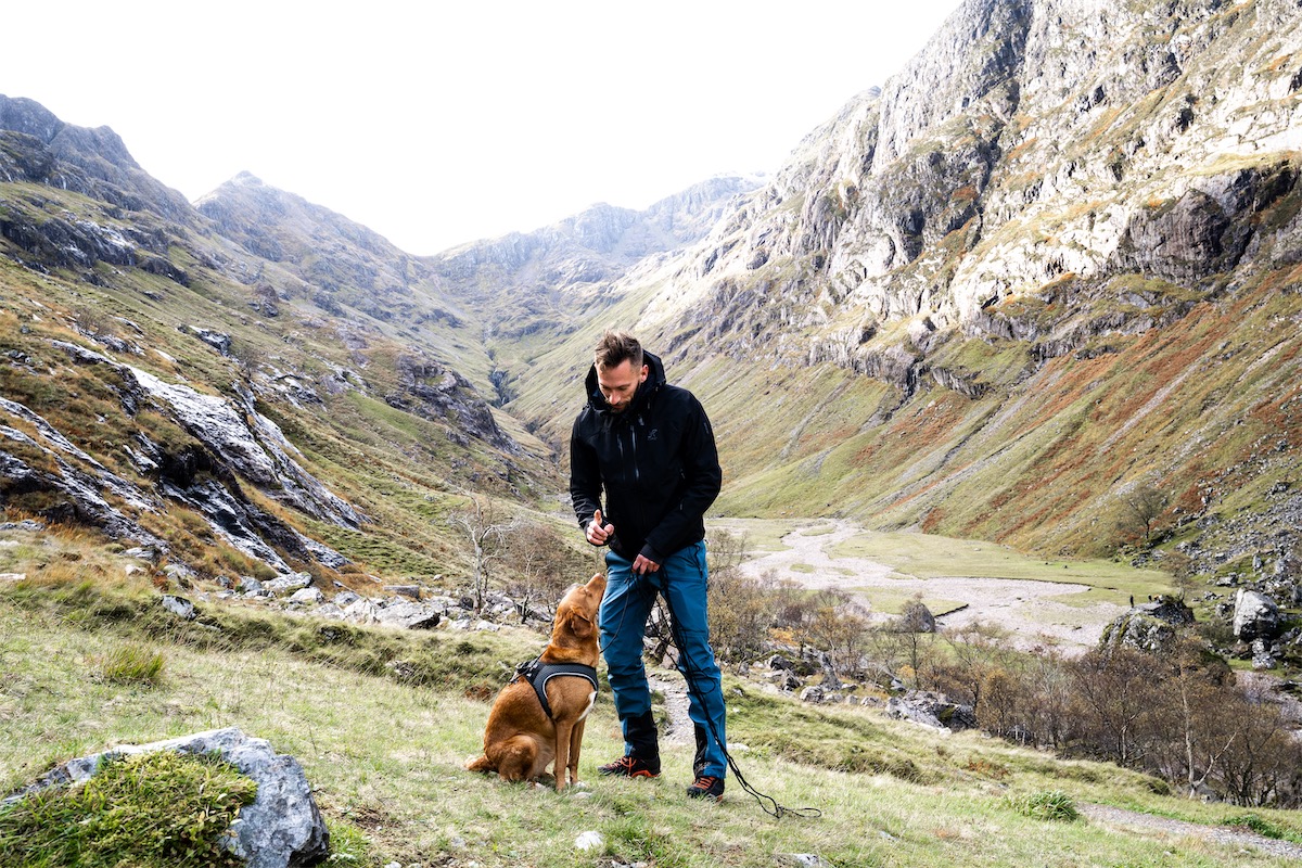 Wanderer mit Hund im Glen-Coe-Tal, umgeben von schottischen Highlands